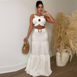 Solid Shaped Suspenders Top And Large Skirt 2 Piece Set(With Waist Belt) NY-10535