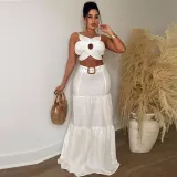 Solid Shaped Suspenders Top And Large Skirt 2 Piece Set(With Waist Belt) NY-10535