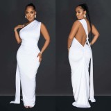 Solid Color Backless Pleated Irregular Dress BY-6607