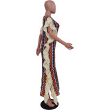 Ruffle Knit Stripe Split Maxi Dress TR-1273