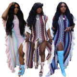 Ruffle Knit Stripe Split Maxi Dress TR-1273