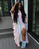 Ruffle Knit Stripe Split Maxi Dress TR-1273