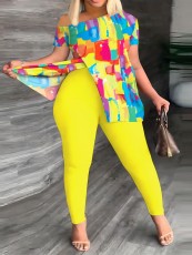 Plus Size Fashion Off Shoulder Print Two Piece Pants Set SH-390516