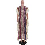 Ruffle Knit Stripe Split Maxi Dress TR-1273