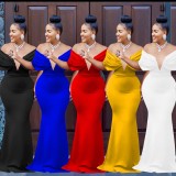 Off Shoulder Deep V Backless Fishtail Dress BY-6587