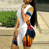 Plus Size Color Block Print Sport Two Piece Shorts Set HNIF-027