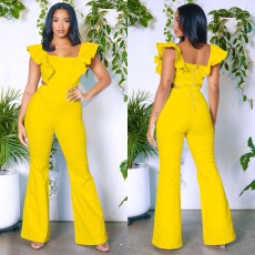 Solid Square Neck Ruffles Two Piece Pants Set BY-6581