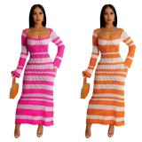 Color Block Long Sleeve Knit Maxi Dress OSM-4403