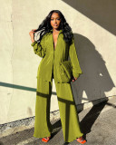 Solid Long Sleeve Pleated Two Piece Pants Set ANDF-1555