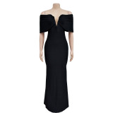 Off Shoulder Deep V Backless Fishtail Dress BY-6587