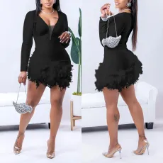 Solid Deep V Neck Feather Patchwork Romper BY-6592