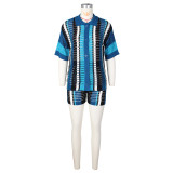Contrast Color Hollow Out Knit Two Piece Shorts Set ZSD-0286