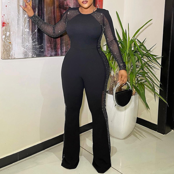 Plus Size Mesh Patchwork Hot Drill Flare Jumpsuit NY-2778