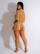 Contrast Color Hollow Out Knit Two Piece Shorts Set ZSD-0286