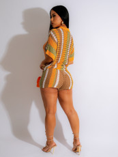 Contrast Color Hollow Out Knit Two Piece Shorts Set ZSD-0286