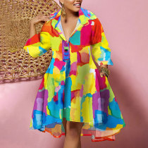 Plus Size Colorful Print Long Sleeve Shirt Dress HNIF-TK018
