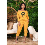 Skull Print One Shoulder Two Piece Pants Set QXTF-8125