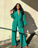 Solid Long Sleeve Pleated Two Piece Pants Set ANDF-1555