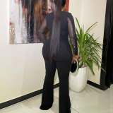 Plus Size Mesh Patchwork Hot Drill Flare Jumpsuit NY-2778