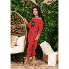 Skull Print One Shoulder Two Piece Pants Set QXTF-8125