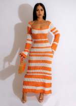 Color Block Long Sleeve Knit Maxi Dress OSM-4403