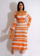 Color Block Long Sleeve Knit Maxi Dress OSM-4403