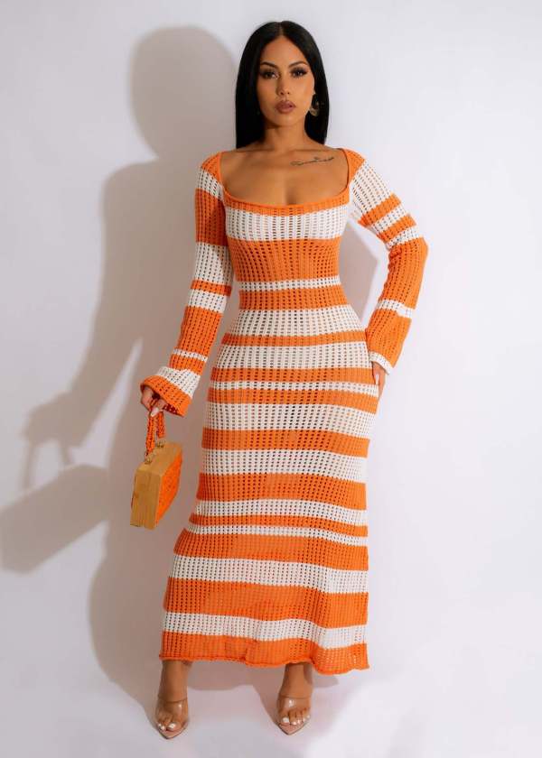 Color Block Long Sleeve Knit Maxi Dress OSM-4403