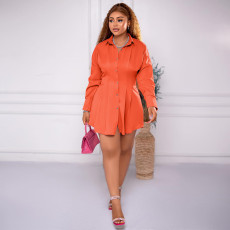Solid Color Lantern Sleeve Shirt Dress MIL-L503