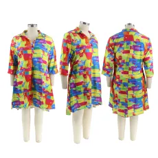 Plus Size Colorful Print Long Sleeve Shirt Dress HNIF-TK018
