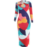 Plus Size Multicolor Long Sleeve Midi Dress SH-390695