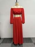 Plus Size Lantern Sleeve One Shoulder Two Piece Skirt Set NY-10546
