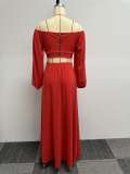 Plus Size Lantern Sleeve One Shoulder Two Piece Skirt Set NY-10546