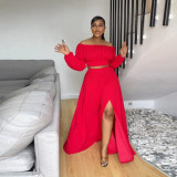 Plus Size Lantern Sleeve One Shoulder Two Piece Skirt Set NY-10546