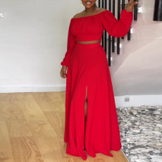 Plus Size Lantern Sleeve One Shoulder Two Piece Skirt Set NY-10546