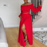 Plus Size Lantern Sleeve One Shoulder Two Piece Skirt Set NY-10546