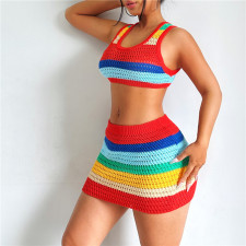 Color Block Knit Crop Tops And Skirt 2 Piece Set XEF-W23S31549