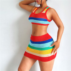 Color Block Knit Crop Tops And Skirt 2 Piece Set XEF-W23S31549