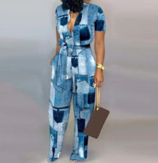 Short Sleeve Print Waist Belt Jumpsuit GDNY-D2236