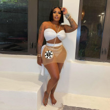 Mesh Splicing See Through Solid Wrap Chest Swimsuit 3-Piece Set NY-K2803