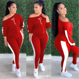 Plus Size Letter Print Patchwork Sport Two Piece Pants Set QXTF-8131