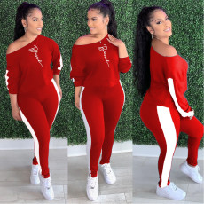 Plus Size Letter Print Patchwork Sport Two Piece Pants Set QXTF-8131