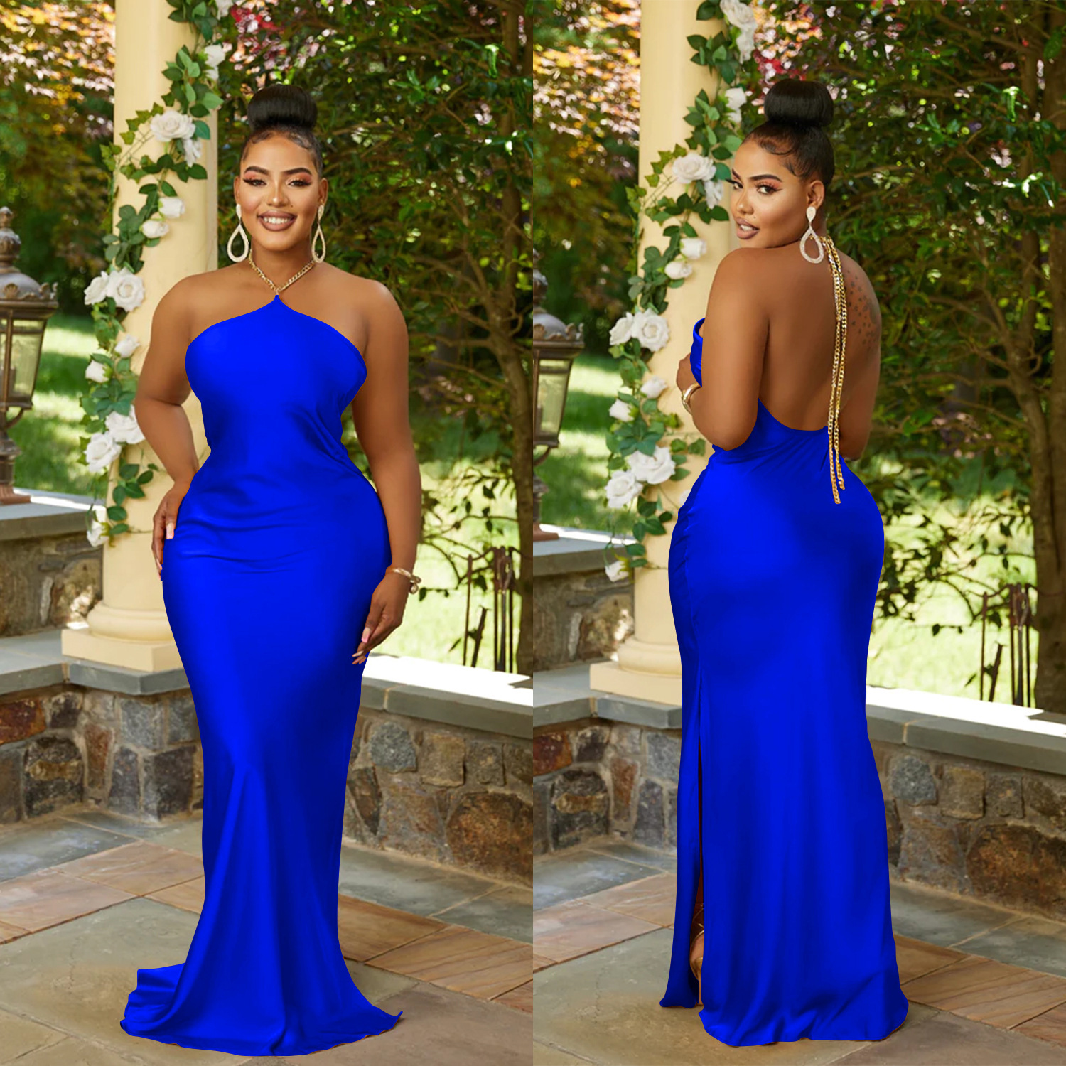 Solid Sexy Open Back Halter Split Maxi Dress