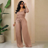 Solid Color Knit Tie Up Loose Two Piece Pants Set YIM-358