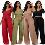 Solid Color Knit Tie Up Loose Two Piece Pants Set YIM-358