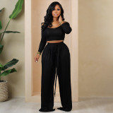 Solid Color Knit Tie Up Loose Two Piece Pants Set YIM-358