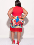 Plus Size Sleeveless Print Tassel Patchwork Midi Dress NNWF-7911