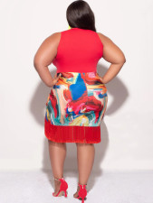 Plus Size Sleeveless Print Tassel Patchwork Midi Dress NNWF-7911
