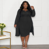 Plus Silze Long Sleeve Cardigan And Midi Dress 2 Piece Set NNWF-N7924