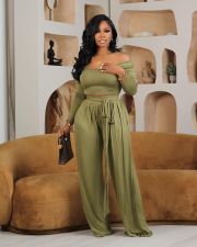 Solid Color Knit Tie Up Loose Two Piece Pants Set YIM-358