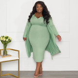 Plus Silze Long Sleeve Cardigan And Midi Dress 2 Piece Set NNWF-N7924